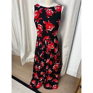 LAURA ASHLEY Floral Sleeveless Midi Dress Size US 6 UK 10 100% Cotton Black & Re